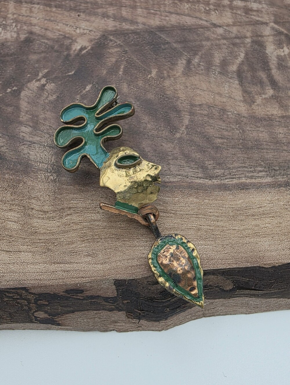 Vintage Casa Maya Taxco Artisan Brooch Pendant Brass Copper Enamel Aztec